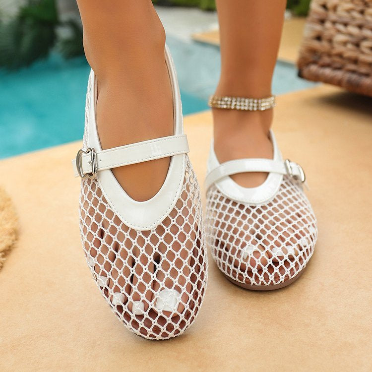 2026 Summer Women's Round-Toe Mesh Cut-Out Flat Sandals