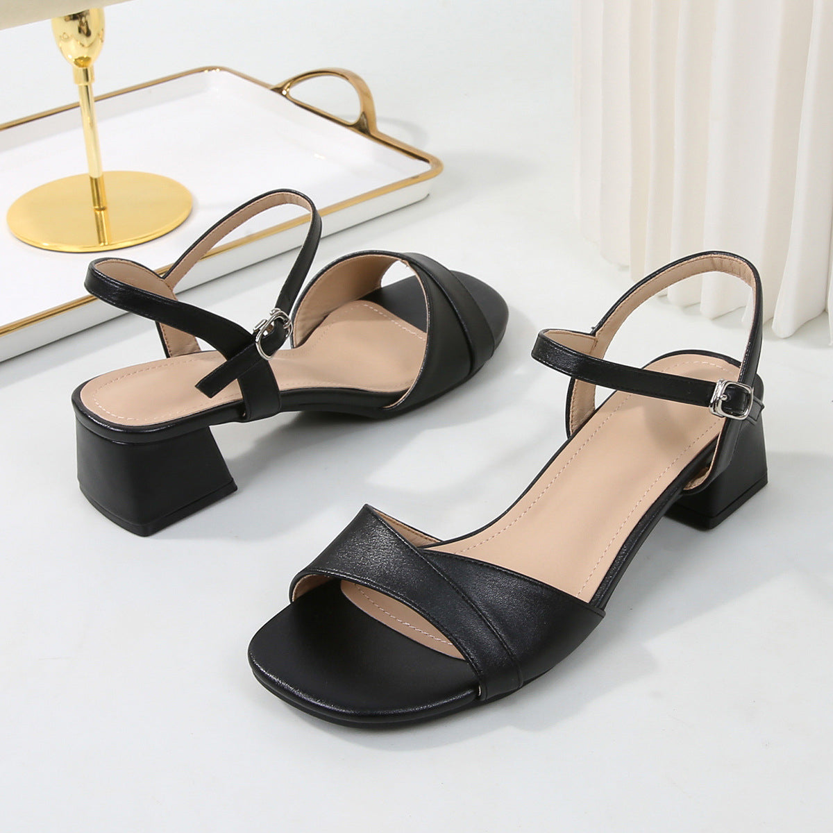Summer women's simple minimalist one-line buckle thick heel sandals
