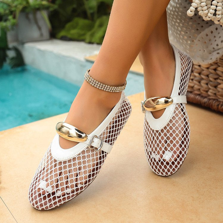 2026 Summer Women's Round-Toe Mesh Cut-Out Flat Sandals