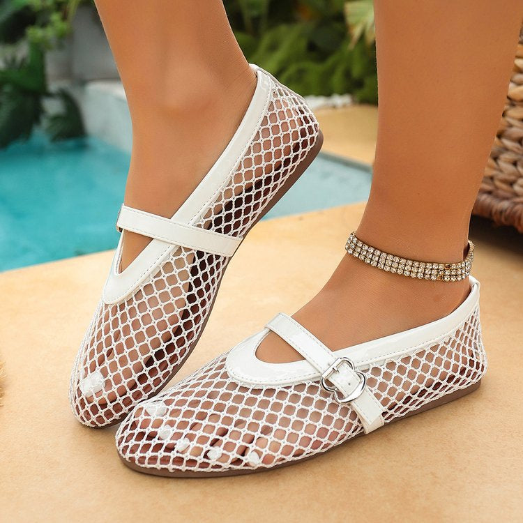 2026 Summer Women's Round-Toe Mesh Cut-Out Flat Sandals
