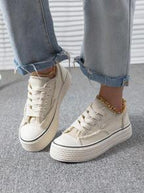 Women's Fashion All-Match Spring, Summer And Autumn Outdoor White Lightweight Lace-Up Round-Toe Canvas Flat-Soled Non-Slip Comfortable Casual Shoes