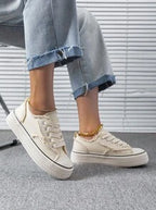 Women's Fashion All-Match Spring, Summer And Autumn Outdoor White Lightweight Lace-Up Round-Toe Canvas Flat-Soled Non-Slip Comfortable Casual Shoes