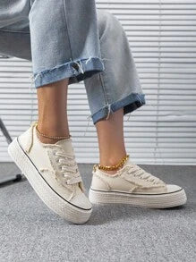 Women's Fashion All-Match Spring, Summer And Autumn Outdoor White Lightweight Lace-Up Round-Toe Canvas Flat-Soled Non-Slip Comfortable Casual Shoes