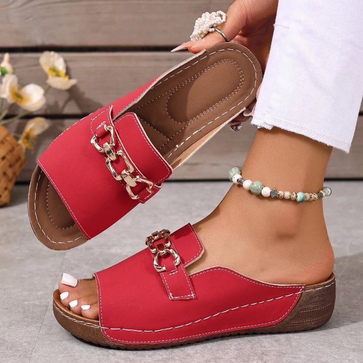 Metallic Buckle Wedge Mules sandals– Easy Slip