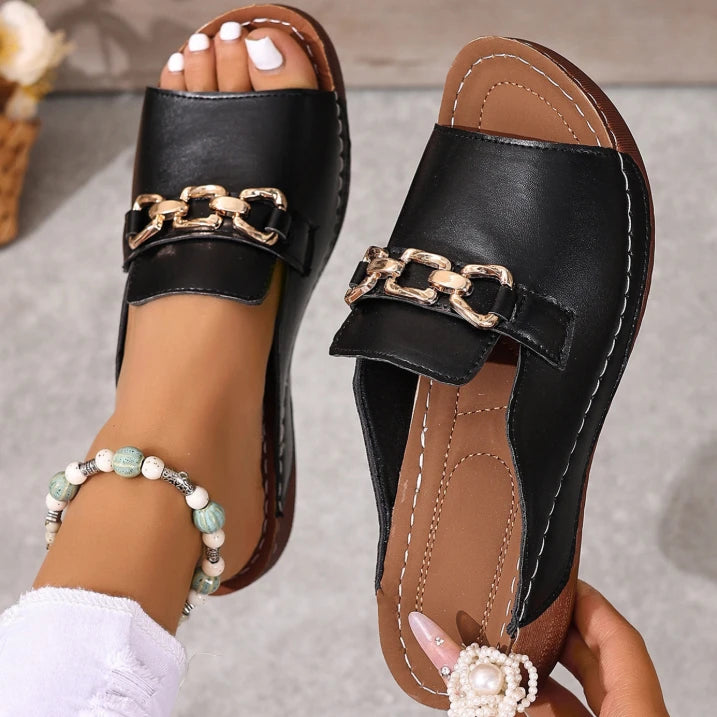 Metallic Buckle Wedge Mules sandals– Easy Slip