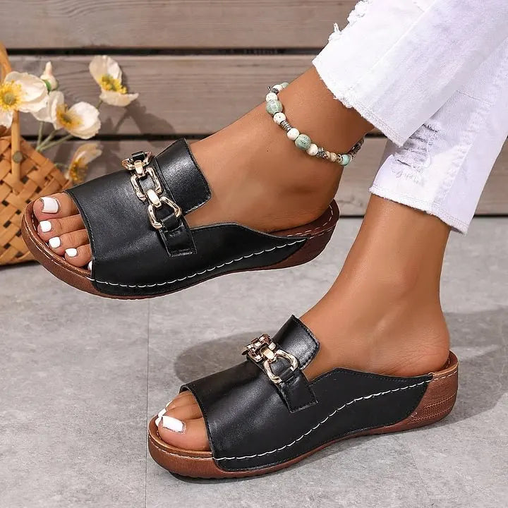 Metallic Buckle Wedge Mules sandals– Easy Slip