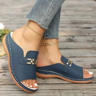Metallic Buckle Wedge Mules sandals– Easy Slip