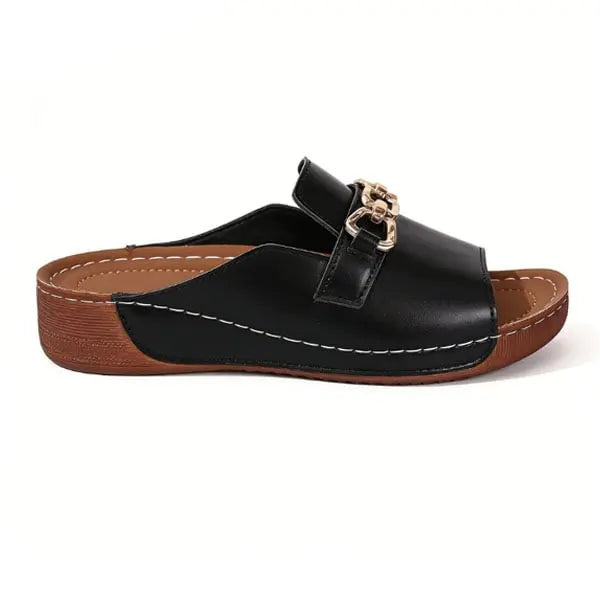 Metallic Buckle Wedge Mules sandals– Easy Slip