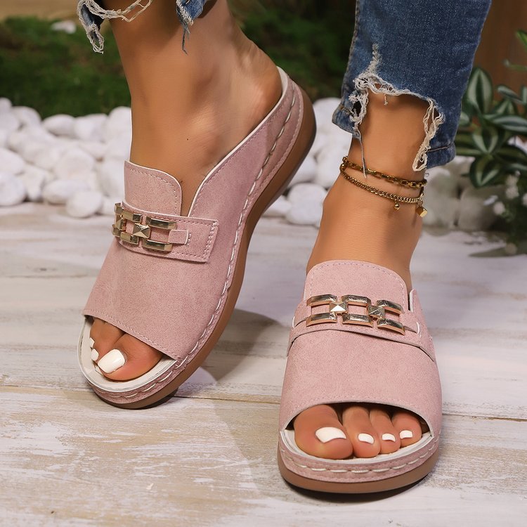 Metallic Buckle Wedge Mules sandals– Easy Slip